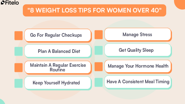 8 Weight Loss Tips For Women Over 40
1. Go For Regular Checkups
2. Plan A Balanced Diet
3. Maintain A Regular Exercise Routine
4. Keep Yourself Hydrated
5. Manage Stress
6. Get Quality Sleep
7. Manage Your Hormone Health
8. Have A Consistent Meal Timing