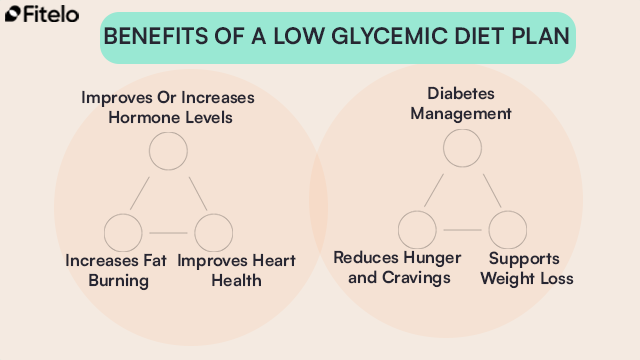 Benefits Of A Low Glycemic Diet Plan: 1. Improves Or Increases Hormone Levels
2. Increases Fat Burning
3. Improves Heart Health
4. Diabetes Management
5. Reduces Hunger and Cravings
6. Supports Weight Loss