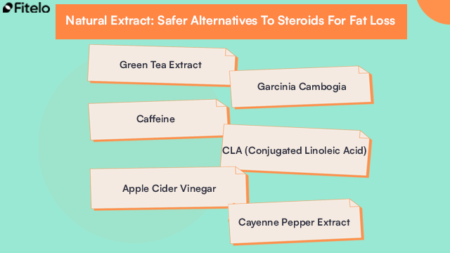Natural Extract Safer Alternatives To Steroids For Fat Loss: 1. Green Tea Extract
2. Garcinia Cambogia
3. Caffeine
4. CLA (Conjugated Linoleic Acid)
5. Apple Cider Vinegar
6. Cayenne Pepper Extract