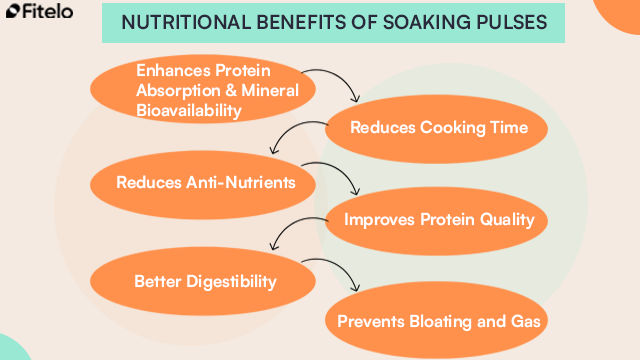 Nutritional Benefits Of Soaking Pulses: 1. Enhances Protein Absorption & Mineral Bioavailability
2. Reduces Cooking Time
3. Reduces Anti-Nutrients
4. Improves Protein Quality
5. Better Digestibility
6. Prevents Bloating and Gas